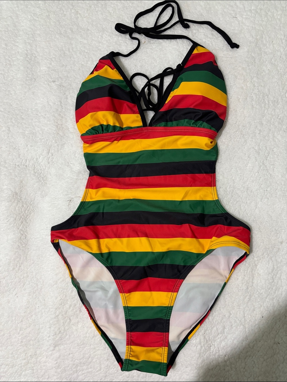 Divi Classic Striped Halter One-Piece Swimsuit Black, Green, Red & White  small